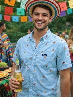 Ron Jon Light Blue S/S Button Down Shirt M Cinco De Mayo Surf Beachy Novelty Pri
